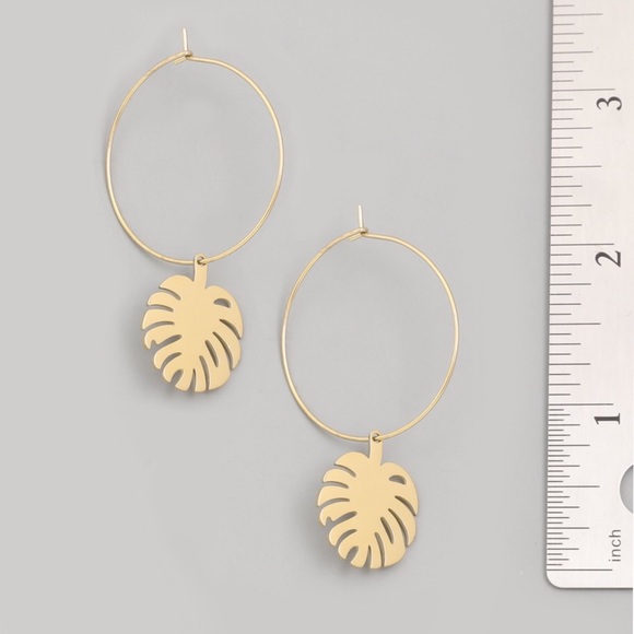 Gold Monstera Leaf Hoop Earrings - Picture 3 of 3